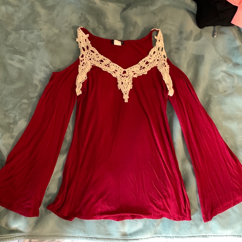 Cutout Shoulder Red Long Sleeve